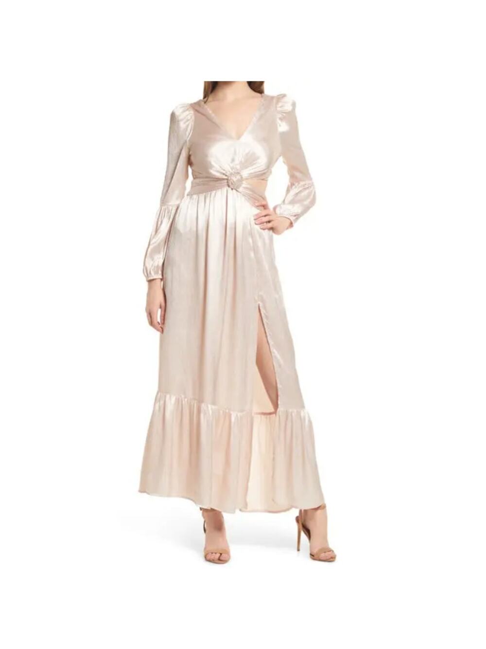 RAHI~ ANTHROPOLOGIE Women's Champagne Leila Luster Long Sleeve Maxi Dress Size L